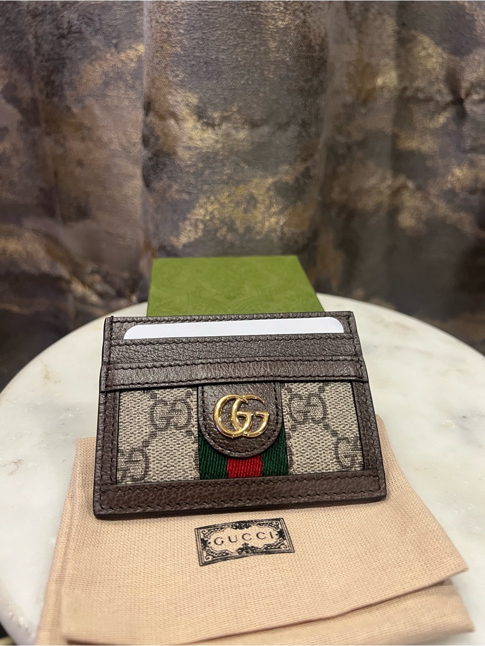 Gucci Brown GG Ophidia Card Holder with Green and Red Stripe